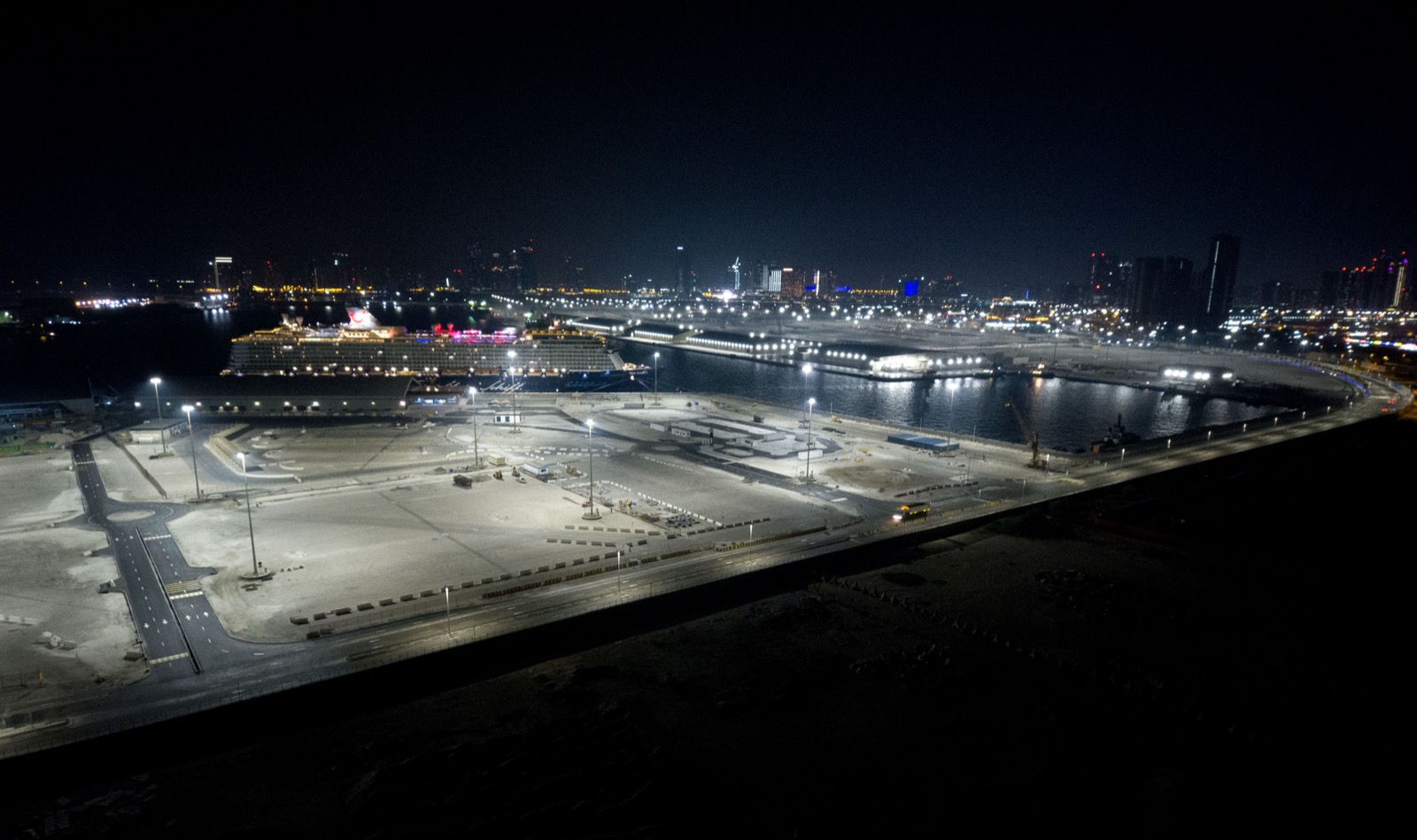 Mina Zayed cruise terminal after R9 conversion — aprons and quay evenly lit