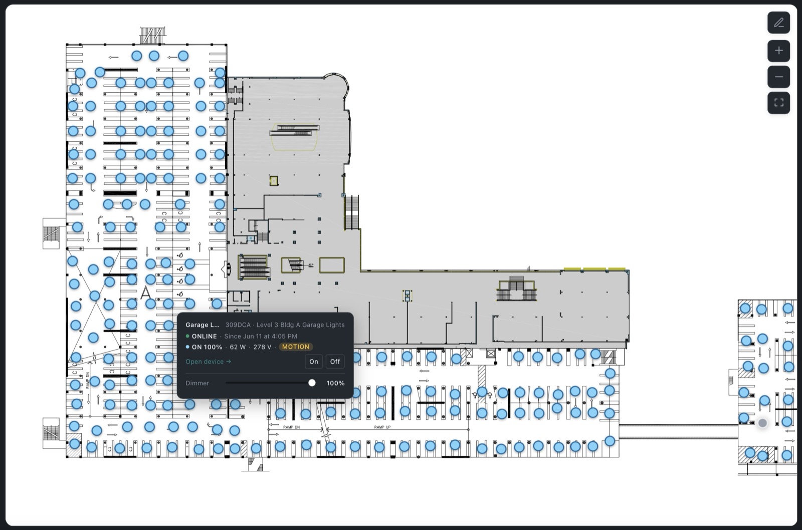 R9 wireless control dashboard — every garage fixture mapped on the floor plan with live status, power draw, and dimming