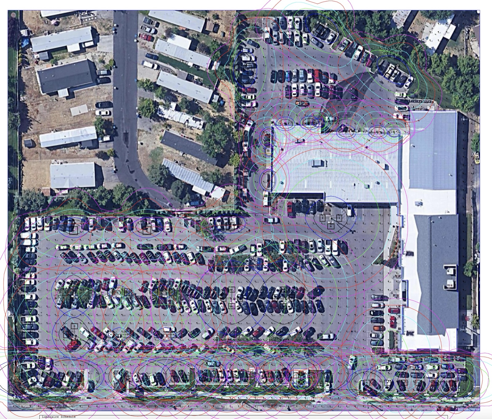 R9 photometric design — calculated light levels and fixture placements over the actual site plan